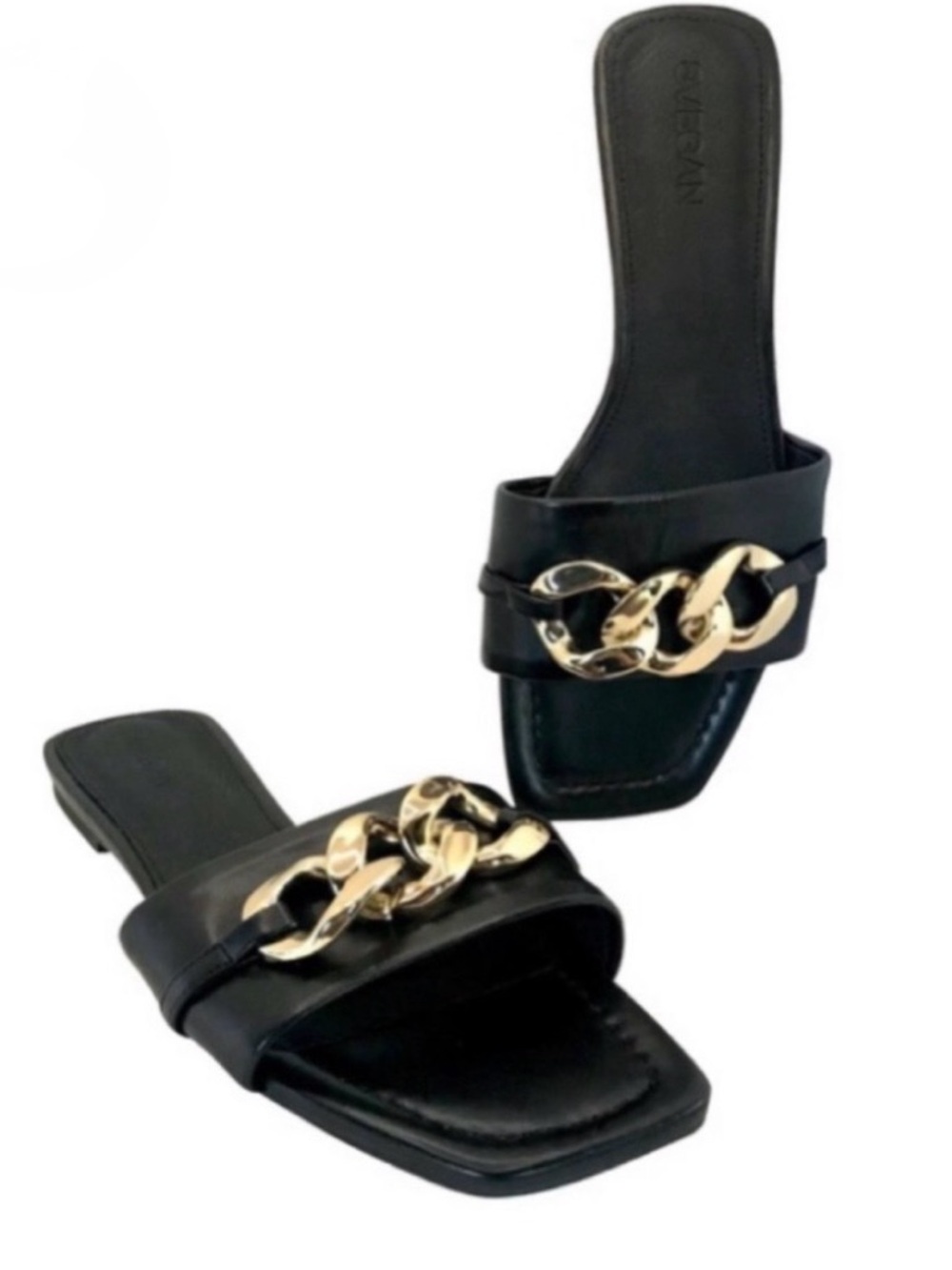 SVEGAN BLACK VEGAN LEATHER WITH GOLD CHAIN SLIDE FLATS MADE IN SPAIN (39)